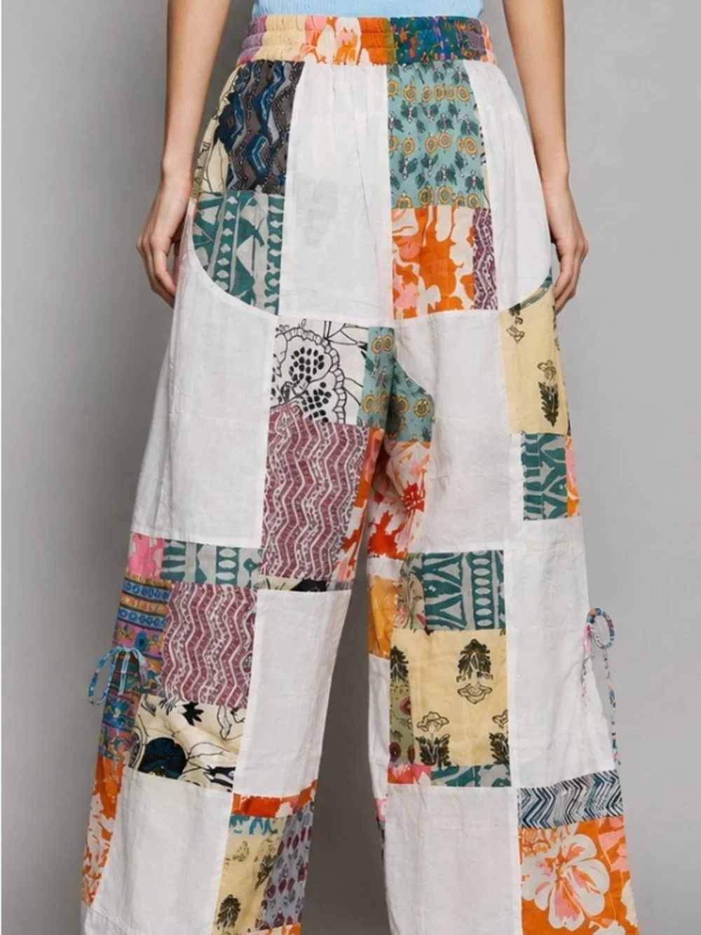 POL Printed Patchwork Wide Leg Pants with Adjustable Side Drawstring NWT - Picture 3 of 3